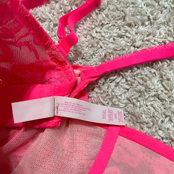 Victoria's Secret 34D Hot Pink Lace Scalloped Unlined Underwire Demi Bra - Picture 7 of 7